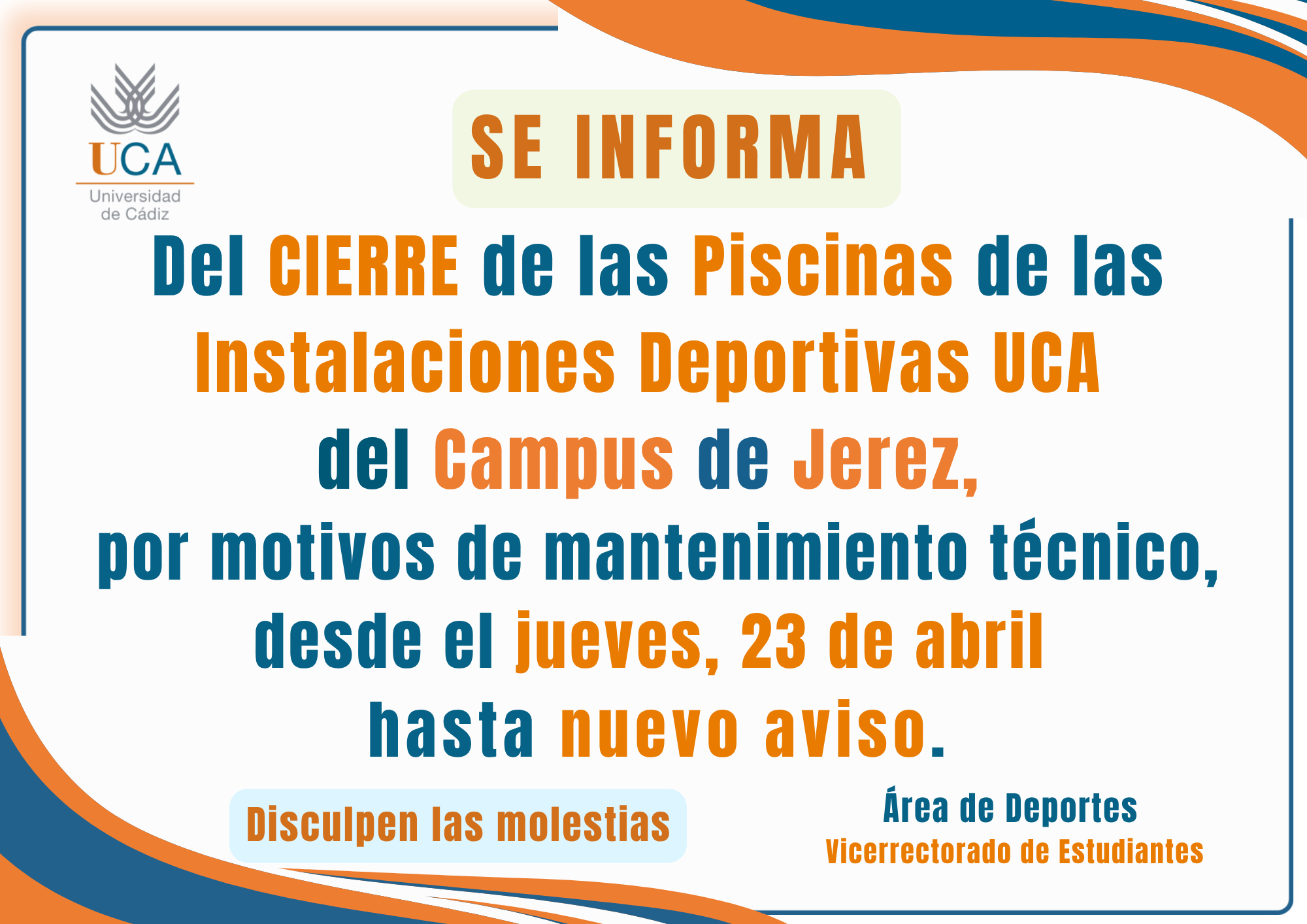 Cierre piscinas Instalaciones Deportivas del Campus de Jerez por motivos de mantenimiento técnico